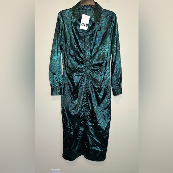 ZARA green satin paisley print ruched shirt dress size large - Picture 3 of 7